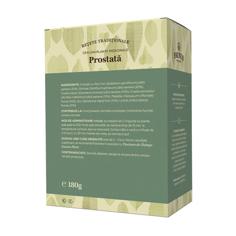 Spatele ambalajului Ceaiului Prostată 180g de la Faunus Plant, afișând lista ingredientelor detaliată: pufuliță-cu-flori-mici (30%), ghimpe (20%), coada-calului (10%), coada-șoricelului (10%), păpădie (10%), soc (10%) și urzică (10%), alături de instrucțiunile de utilizare și contraindicații.