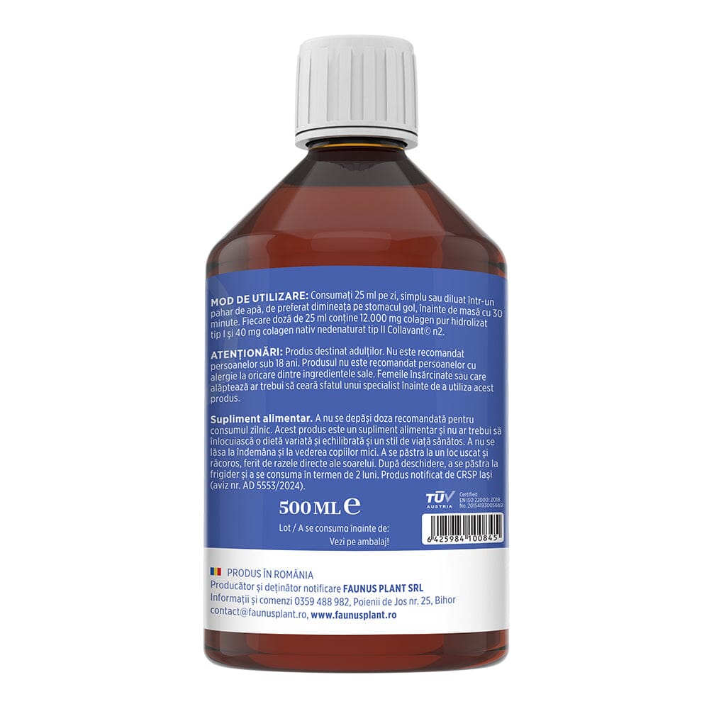 Colagenus Articulații Forte - Colagen lichid concentrat, 12.000mg colagen tip 1 și 40mg colagen tip 2. Flacon 500ml. Susține sănătatea articulațiilor, reducerea inflamațiilor și durerii reumatice, refacerea mușchilor și ligamentelor Supliment alimentar Faunus Plant 