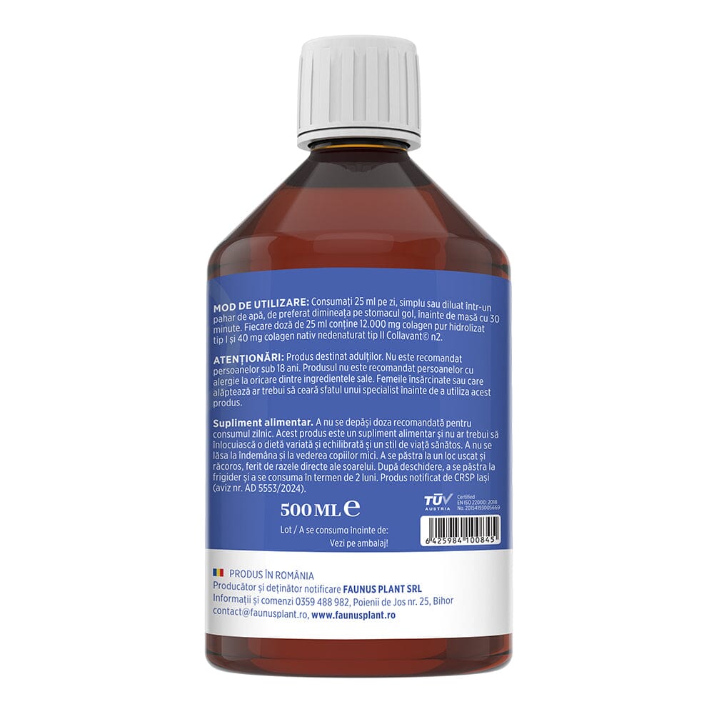 Colagenus Articulații Forte - Colagen lichid concentrat, 12.000mg colagen tip 1 și 40mg colagen tip 2. Flacon 500ml. Susține sănătatea articulațiilor, reducerea inflamațiilor și durerii reumatice, refacerea mușchilor și ligamentelor Supliment alimentar Faunus Plant 