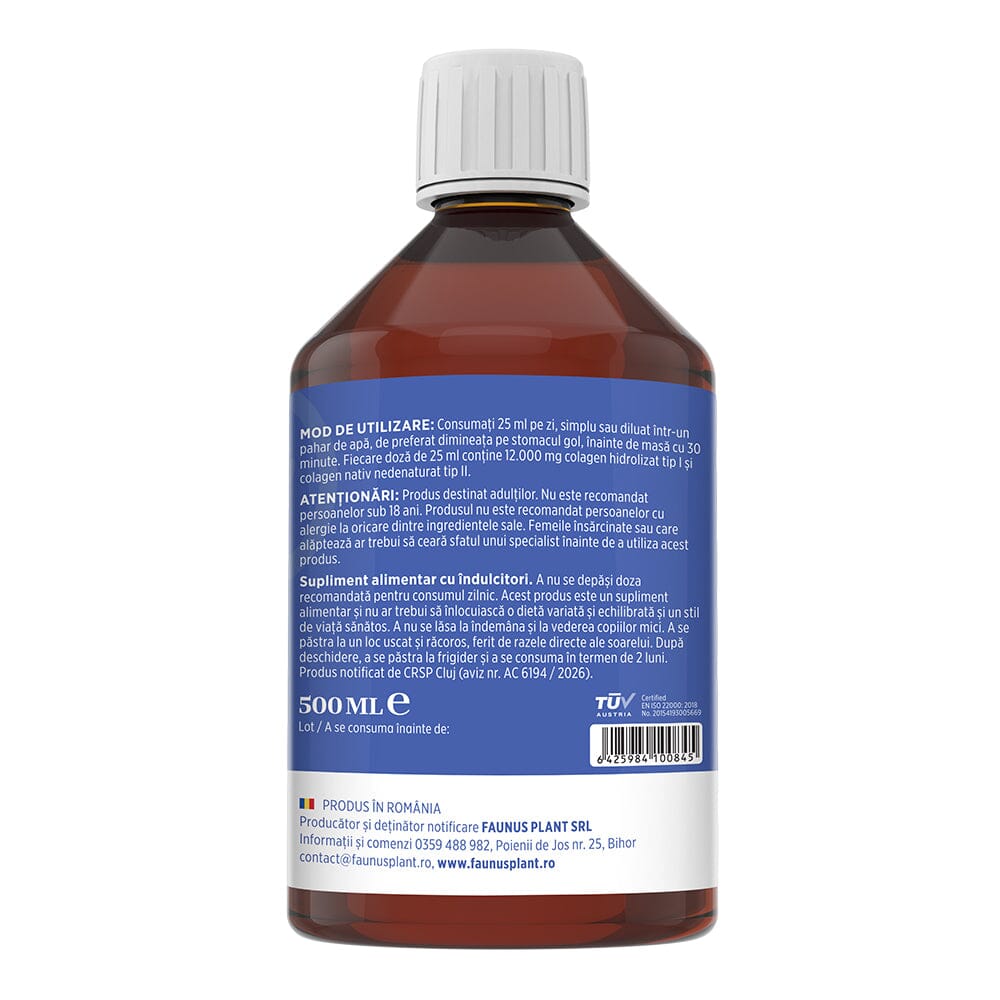 Colagenus Articulații Forte - Colagen lichid concentrat, 12.000mg colagen tip 1 și 40mg colagen tip 2. Flacon 500ml. Susține sănătatea articulațiilor, reducerea inflamațiilor și durerii reumatice, refacerea mușchilor și ligamentelor Supliment alimentar Faunus Plant 