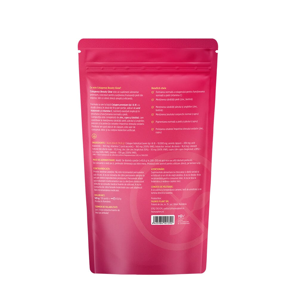 Colagenus Beauty Glow – Colagen hidrolizat pudră tip 1 și 3. Concentrație mare 10.000mg pentru piele hidratată și luminoasă, păr și unghii puternice. Pudră 325g Pudra Faunus Plant 