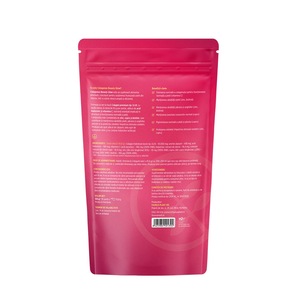 Colagenus Beauty Glow – Colagen hidrolizat pudră tip 1 și 3. Concentrație mare 10.000mg pentru piele hidratată și luminoasă, păr și unghii puternice. Pudră 325g Supliment alimentar Faunus Plant 