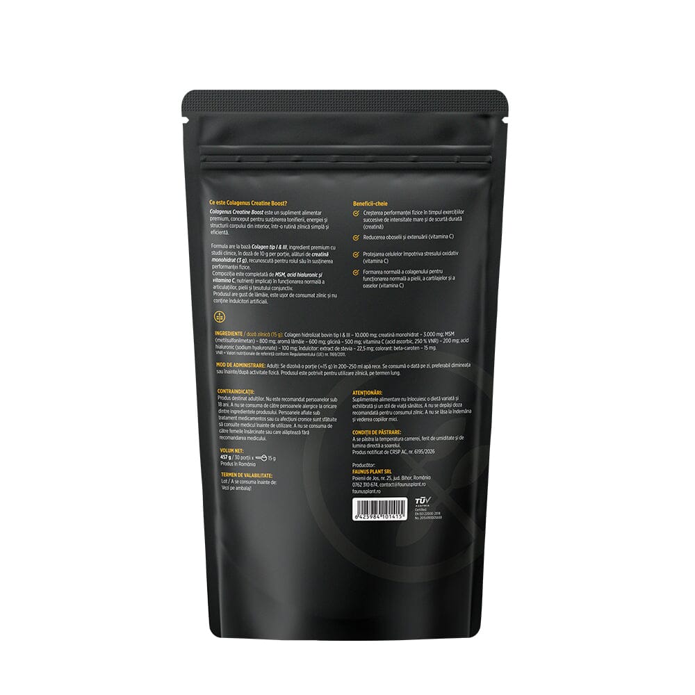 Colagenus Creatine Boost – Colagen pudră cu acid hialuronic și creatină. Colagen tip 1 și 3 pentru masa musculară, articulații sănătoase și piele hidratată. Pudră 450g Supliment alimentar Faunus Plant 