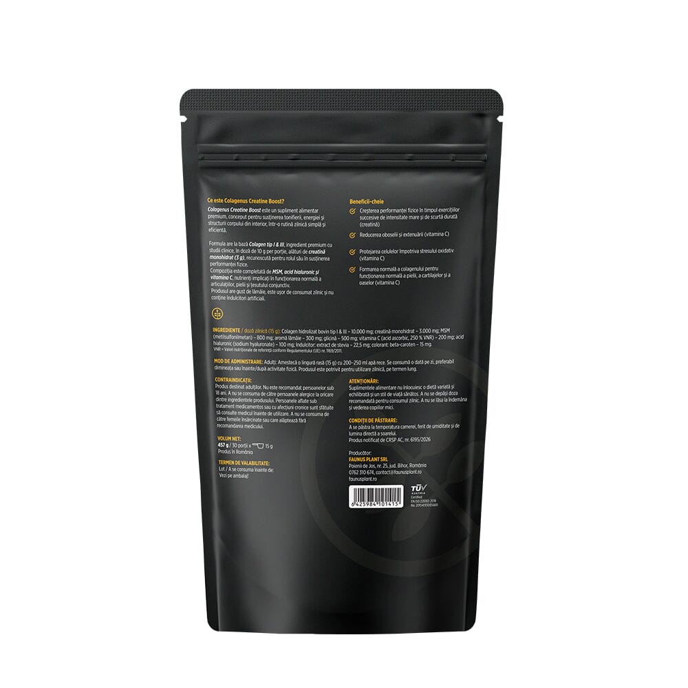 Colagenus Creatine Boost – Colagen pudră cu acid hialuronic și creatină. Colagen tip 1 și 3 pentru masa musculară, articulații sănătoase și piele hidratată. Pudră 457g Supliment alimentar Faunus Plant 