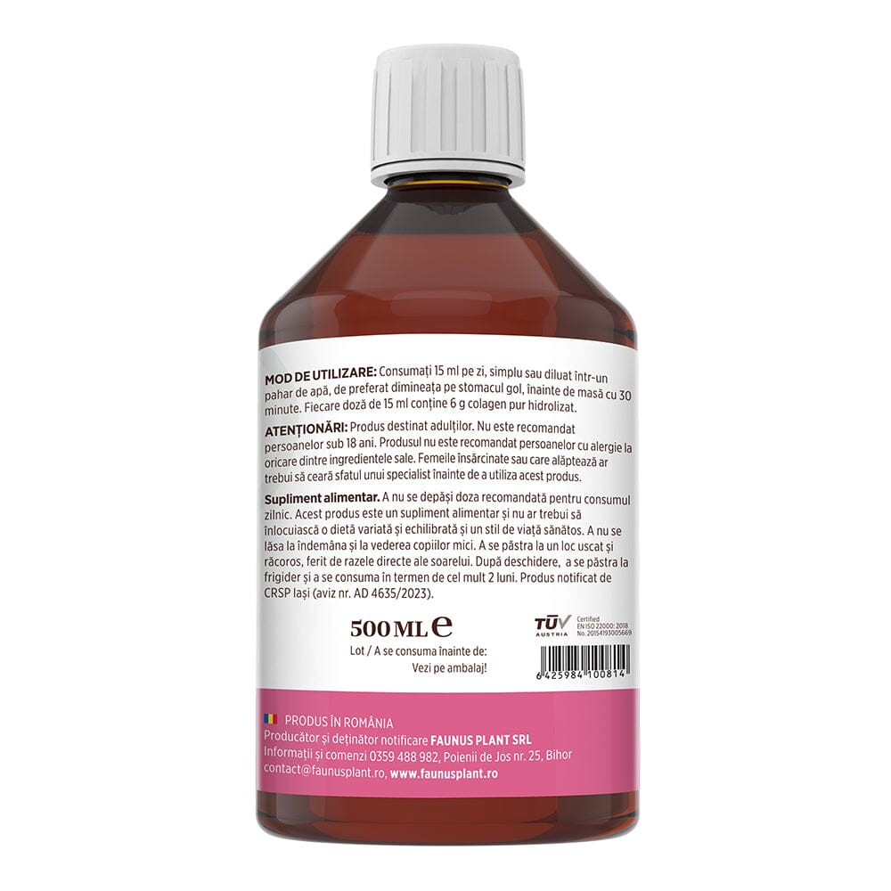 Colagenus Frumusețe - Colagen lichid hidrolizat cu acid hialuronic și biotină. Flacon 500ml. Susține sănătatea și frumusețea pielii, unghiilor și părului. Reduce ridurile și căderea părului. Întărește unghiile Supliment alimentar Faunus Plant 