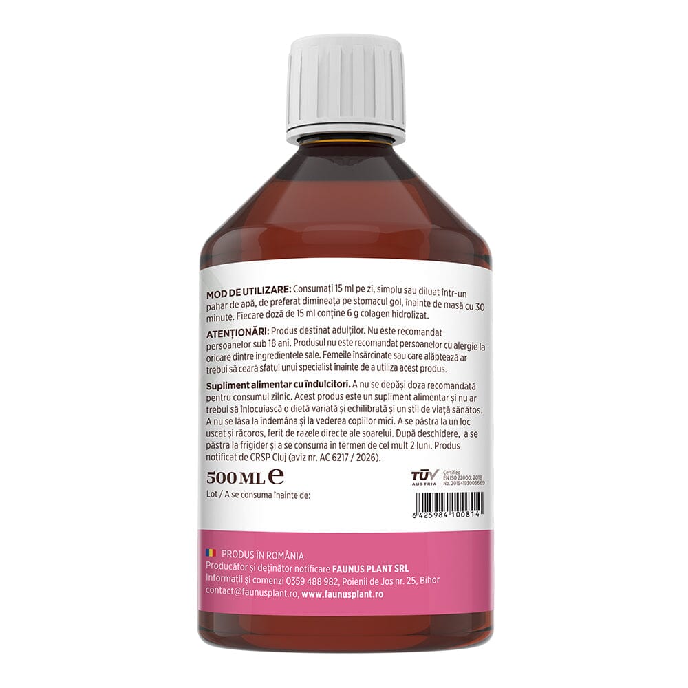 Colagenus Frumusețe - Colagen lichid hidrolizat cu acid hialuronic și biotină. Flacon 500ml. Susține sănătatea și frumusețea pielii, unghiilor și părului. Reduce ridurile și căderea părului. Întărește unghiile Supliment alimentar Faunus Plant 