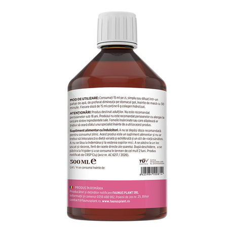 Colagenus Frumusețe - Colagen lichid hidrolizat cu acid hialuronic și biotină. Flacon 500ml. Susține sănătatea și frumusețea pielii, unghiilor și părului. Reduce ridurile și căderea părului. Întărește unghiile Supliment alimentar Faunus Plant 
