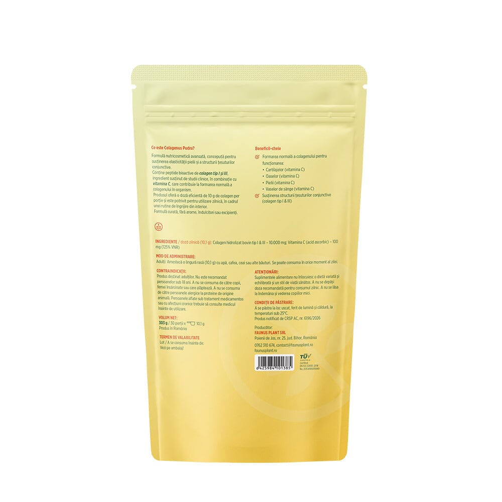 Colagenus Pudră - Colagen hidrolizat concentrat. 10.000 mg tip 1 și tip 3 cu vitamina C. Susține sănătatea articulațiilor, pielii și oaselor. Pudră 303g Supliment alimentar Faunus Plant 