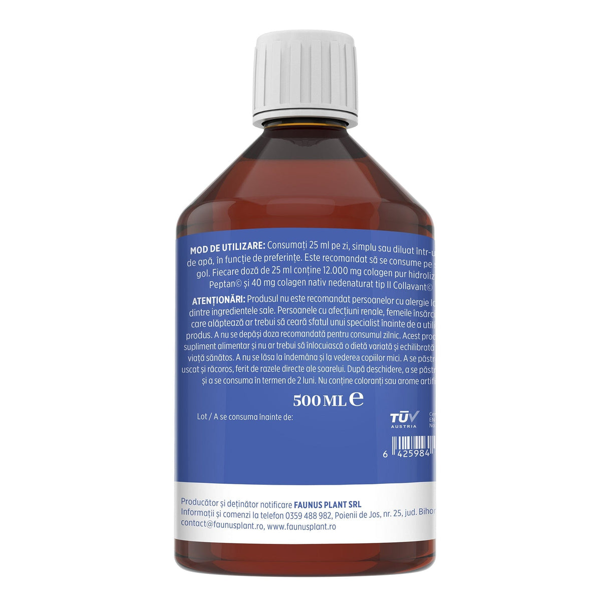 Colagenus Articulații Forte - Colagen lichid concentrat, 12.000mg colagen tip 1 și 40mg colagen tip 2. Flacon 500ml. Susține sănătatea articulațiilor, reducerea inflamațiilor și durerii reumatice, refacerea mușchilor și ligamentelor Supliment alimentar Faunus Plant 