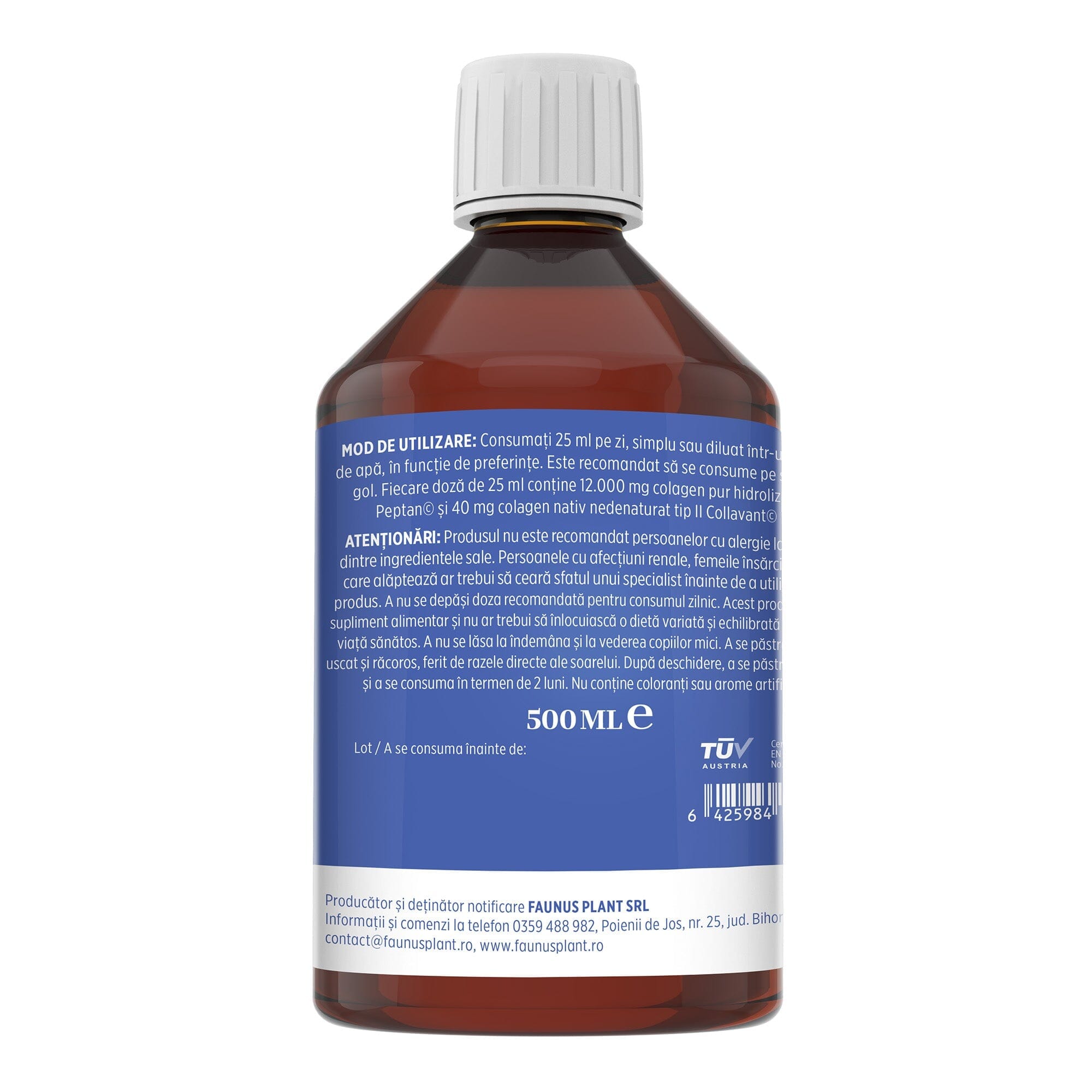 Colagenus Articulații Forte - Colagen lichid concentrat, 12.000mg colagen tip 1 și 40mg colagen tip 2. Flacon 500ml. Susține sănătatea articulațiilor, reducerea inflamațiilor și durerii reumatice, refacerea mușchilor și ligamentelor Supliment alimentar Faunus Plant 