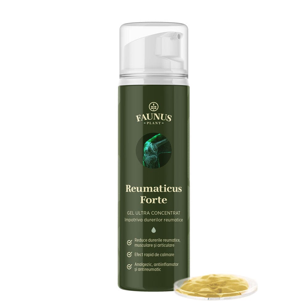 Tub Gel Reumaticus Forte de la Faunus Plant, având alături mostră de gel pe un capac transparent.