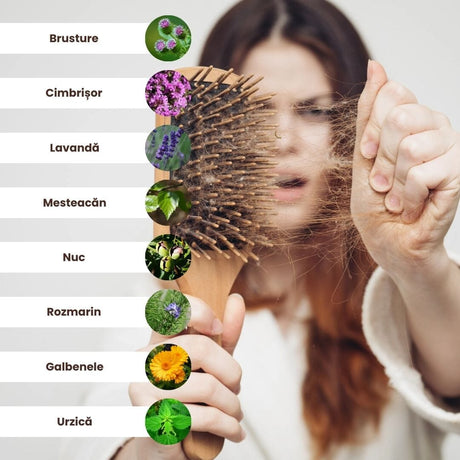 Listă grafică a ingredientelor din tinctura Capilarus de la Faunus Plant: brusture, cimbrișor, lavandă, mesteacăn, nuc, rozmarin, gălbenele și urzică, alături de imagini sugestive pentru fiecare plantă. Fundalul include imaginea unei femei care ține o perie de păr cu fire de păr vizibile.