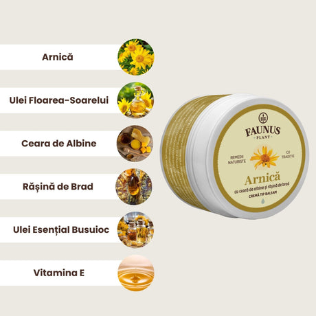 Arnică - Unguent 50ml. Extract natural cu ceară de albine și rășină de brad cu efect antiinflamator pentru calmarea durerilor cauzate de entorse, luxații, contuzii Unguent Faunus Plant 