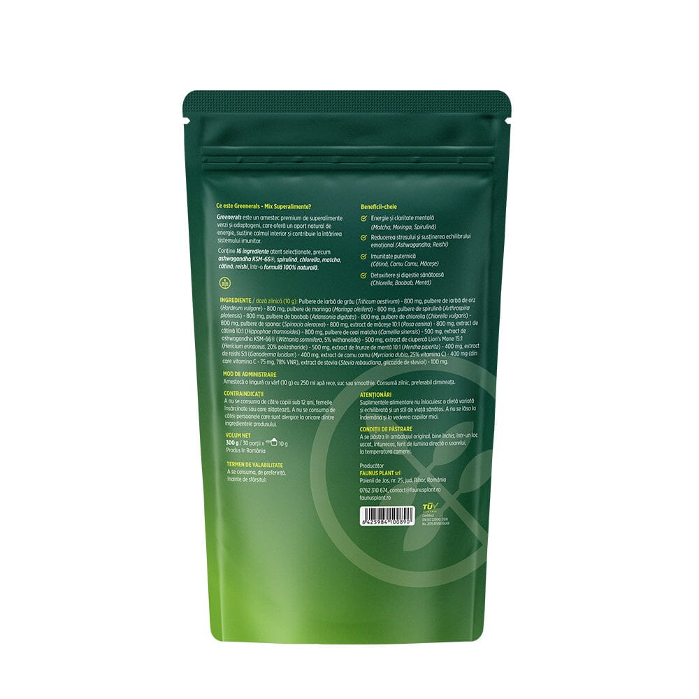 Greenerals - Amestec de superalimente naturale cu nutrienți esențiali pentru organism. Pudră 300g. Energie și vitalitate. Susține imunitatea și detoxifierea în mod natural cu un mix de verdețuri, superalimente și antioxidanți Superalimente Faunus Plant 