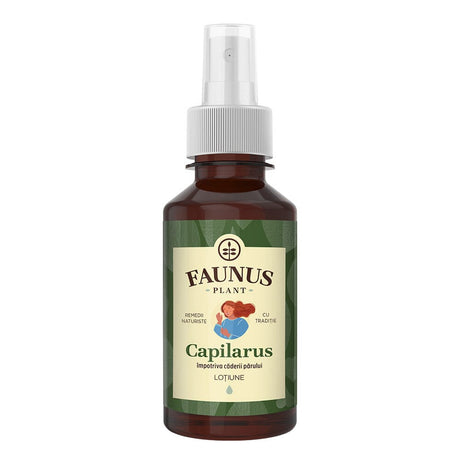 Flacon Loțiune Capilarus de la Faunus Plant, sticlă maro de 200ml cu pulverizator, cu etichetă verde și ilustrația unei femei cu păr lung. Produs natural împotriva căderii părului, cu ingrediente vegetale.