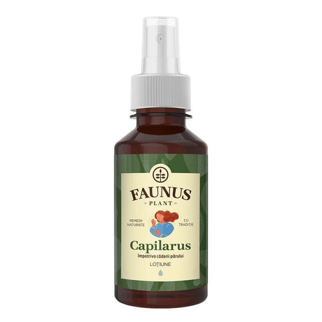 Loțiune Capilarus de la Faunus Plant, cu pulverizator, utilizat pentru prevenirea căderii părului și întărirea rădăcinilor acestuia. Eticheta include logo-ul Faunus Plant și o ilustrație cu o femeie.