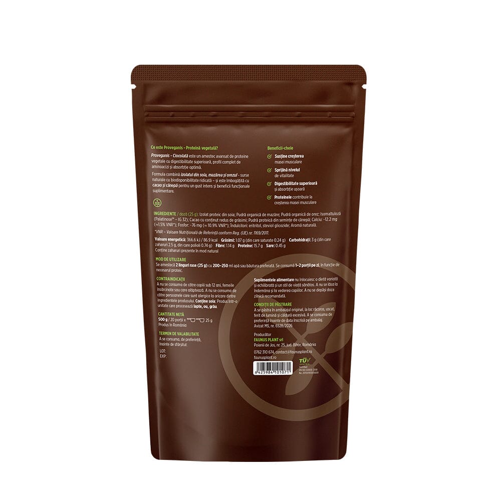 Proveganis - Proteină vegetală cu aromă de ciocolată. Amestec natural pentru energie și susținerea masei musculare. Pudră 500 g Superalimente Faunus Plant 