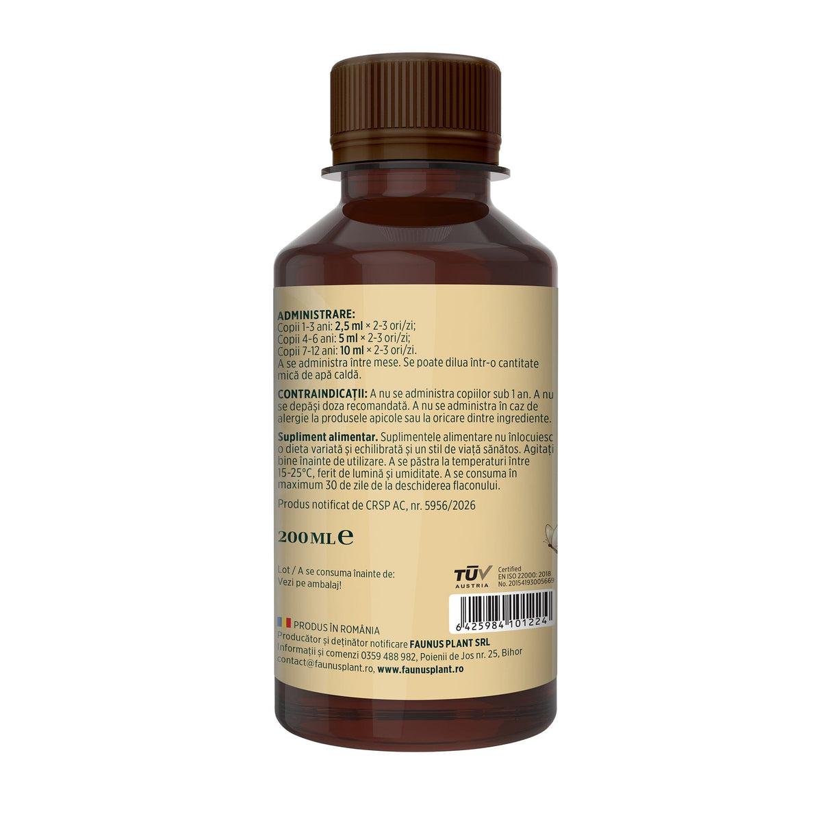 Respiratorus Gât Fericit – Sirop pentru copii. Susține confortul gâtului și căilor respiratorii. Flacon 200ml Sirop cu miere Faunus Plant 