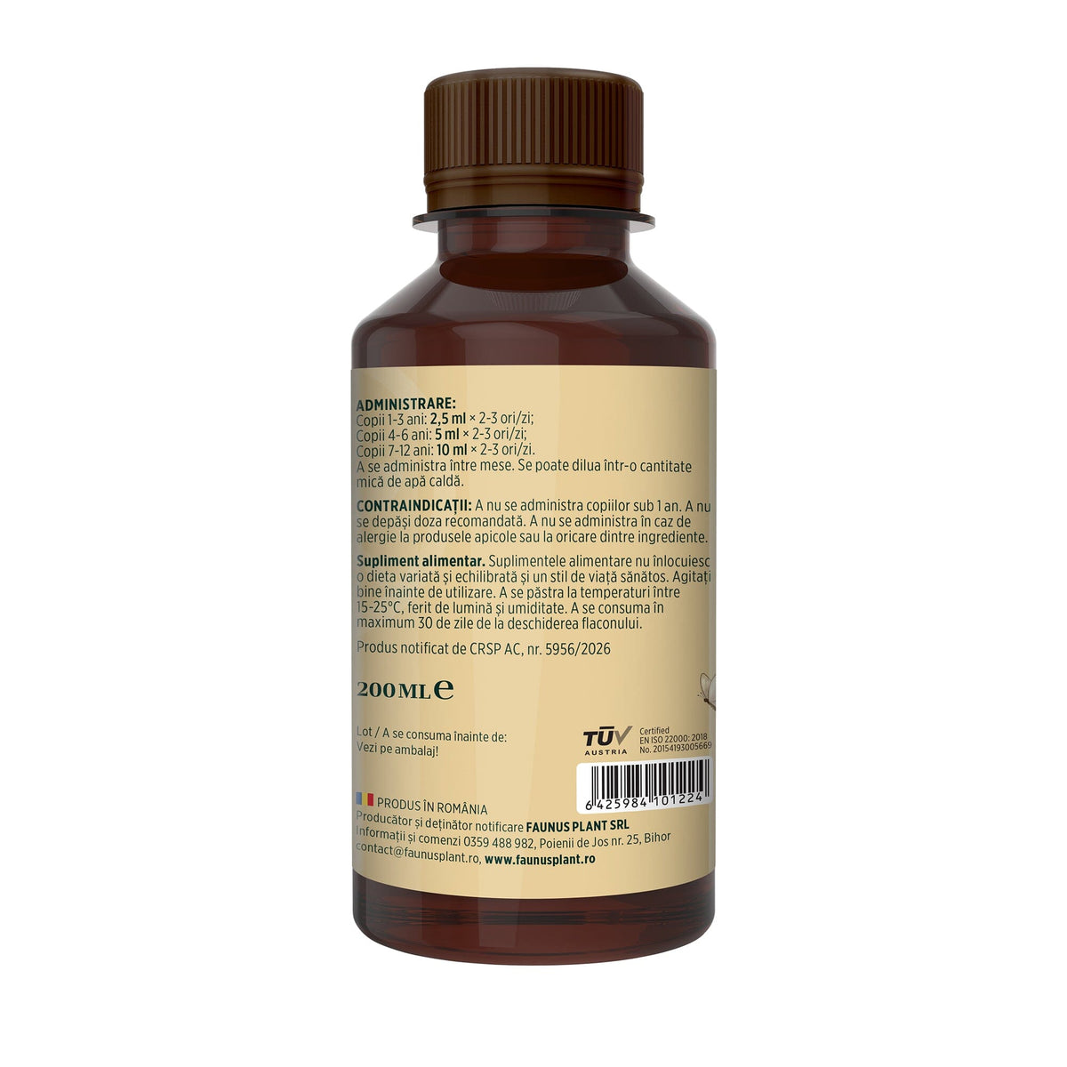 Respiratorus Gât Fericit – Sirop pentru copii. Susține confortul gâtului și căilor respiratorii. Flacon 200ml Sirop cu miere Faunus Plant 