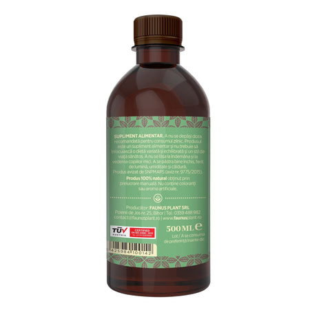 Flacon Sirop Echinacea de 500 ml fotografiat din dreapta, cu eticheta care subliniază atât modul de administrare alături de precauții și atenționări, cât și cod de bare, logo TUV Austria și spațiul pentru data expirării. | Cantitate - 500ml