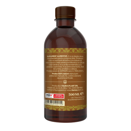 Flacon Sirop Ghimbir de 500 ml fotografiat din dreapta, cu eticheta maro care subliniază atât modul de administrare alături de precauții și atenționări, cât și cod de bare, logo TUV Austria și spațiul pentru data expirării. | Cantitate - 500ml