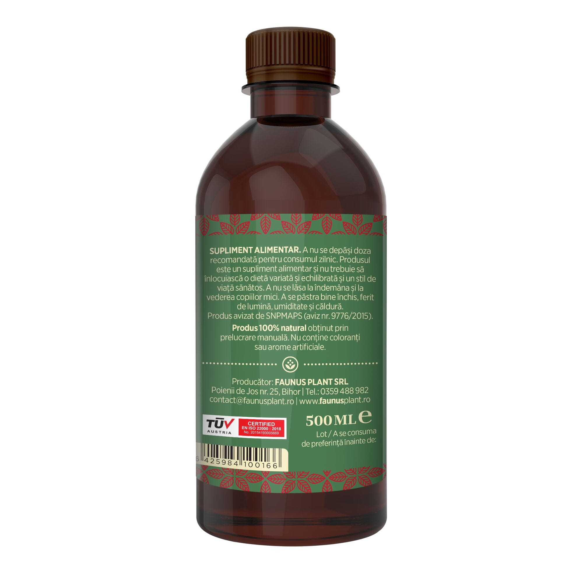 Flacon Sirop Măceșe de 500 ml fotografiat din dreapta, cu etichetă verde închis care subliniază atât modul de administrare alături de precauții și atenționări, cât și cod de bare, logo TUV Austria și spațiul pentru data expirării.