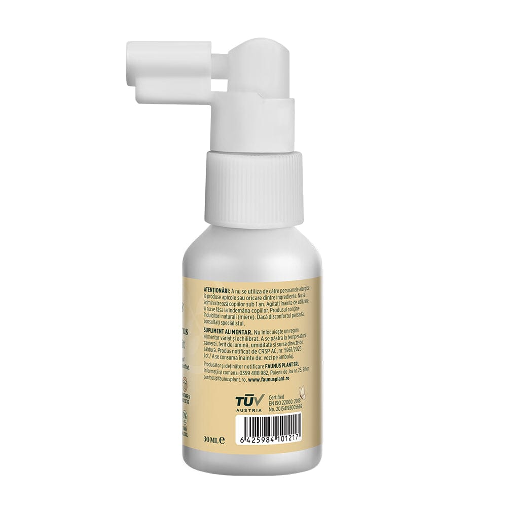 Respiratorus Gât Fericit - Spray de gât copii cu extracte naturale, propolis și miere. Efect calmant și hidratant. Flacon 30 ml Sprayuri Faunus Plant 