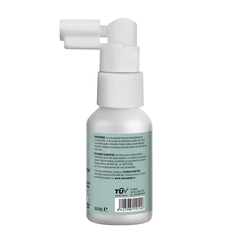 Respiratorus Gât Liniștit – Spray de gât pentru adulți cu propolis, miere și plante. Efect calmant și hidratant. Flacon 30 ml Sprayuri Faunus Plant 