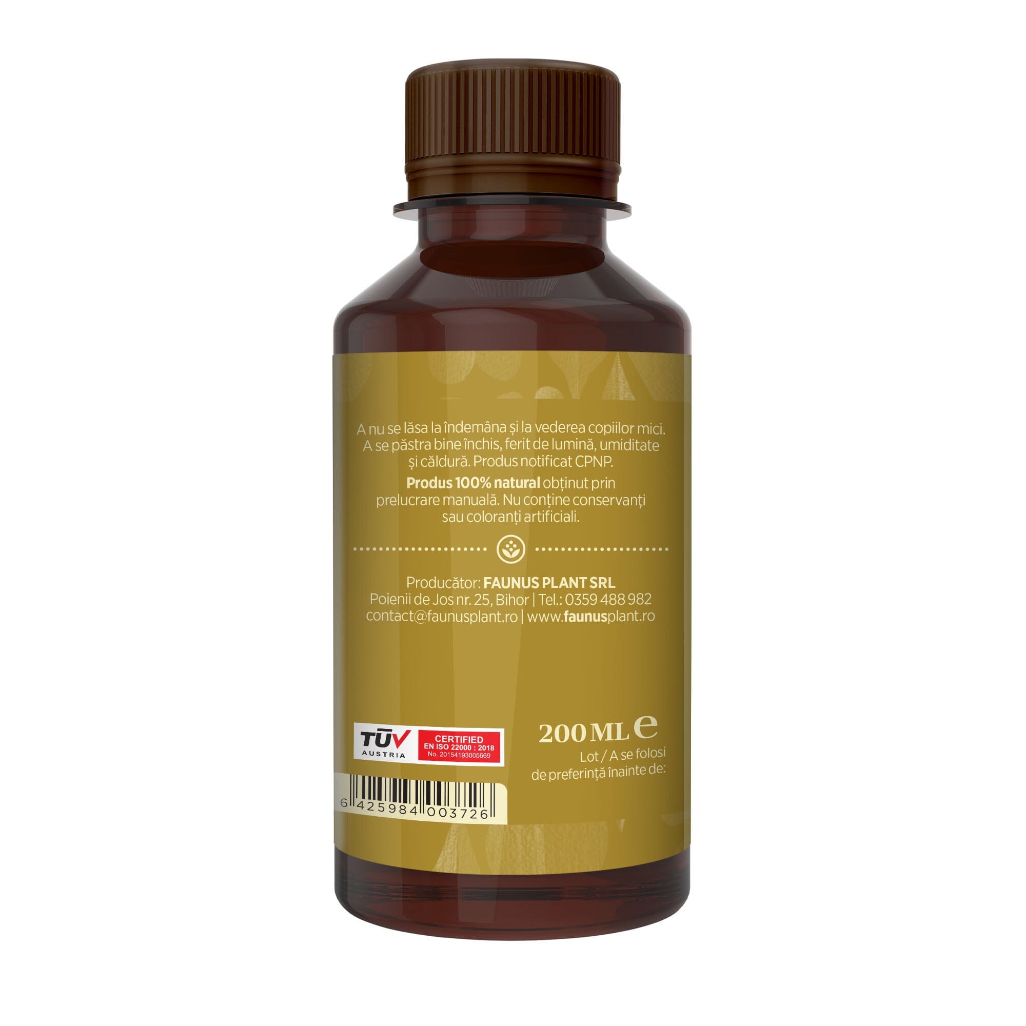 Flacon Tinctură Arnică 200 ml de la Faunus Plant pozat din lateral dreapta. Etichetă vizibilă cu date despre modul de administrare alături de precauții și atenționări, cât și codul de bare, logo TUV Austria și data expirării.