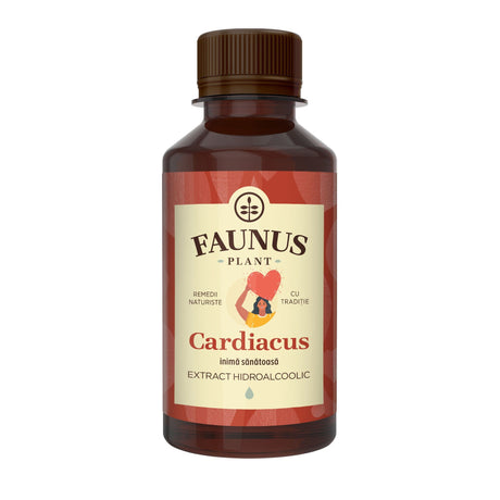 Flaconul de Tinctură Cardiacus 200ml de la Faunus Plant, remediu hidroalcoolic concentrat pentru o inimă sănătoasă. Design clasic, cu etichetă în nuanțe de roșu și logo-ul Faunus Plant.