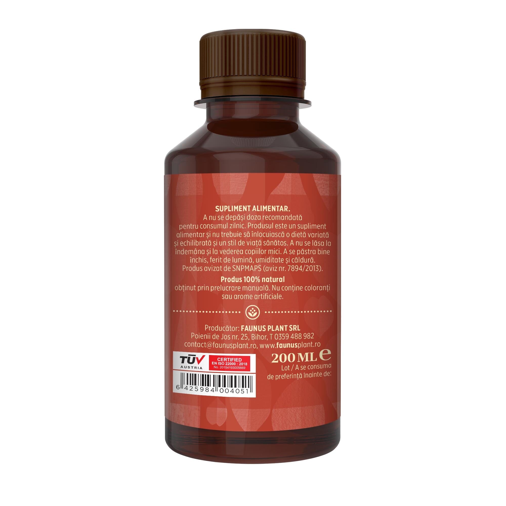 Flacon Tinctură Cardiacus 200 ml de la Faunus Plant pozat din lateral dreapta. Etichetă vizibilă cu date despre modul de administrare alături de precauții și atenționări, cât și codul de bare, logo TUV Austria și data expirării.
