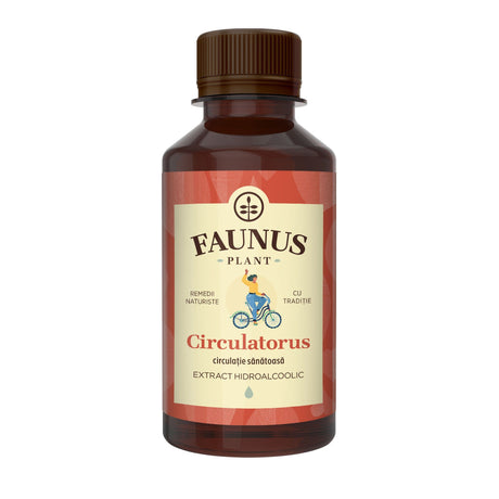 Flaconul de Tinctură Circulatorus 200ml de la Faunus Plant, cu etichetă roșie, destinat circulației sănătoase. Produs natural, cu tradiție, având certificare TÜV Austria.