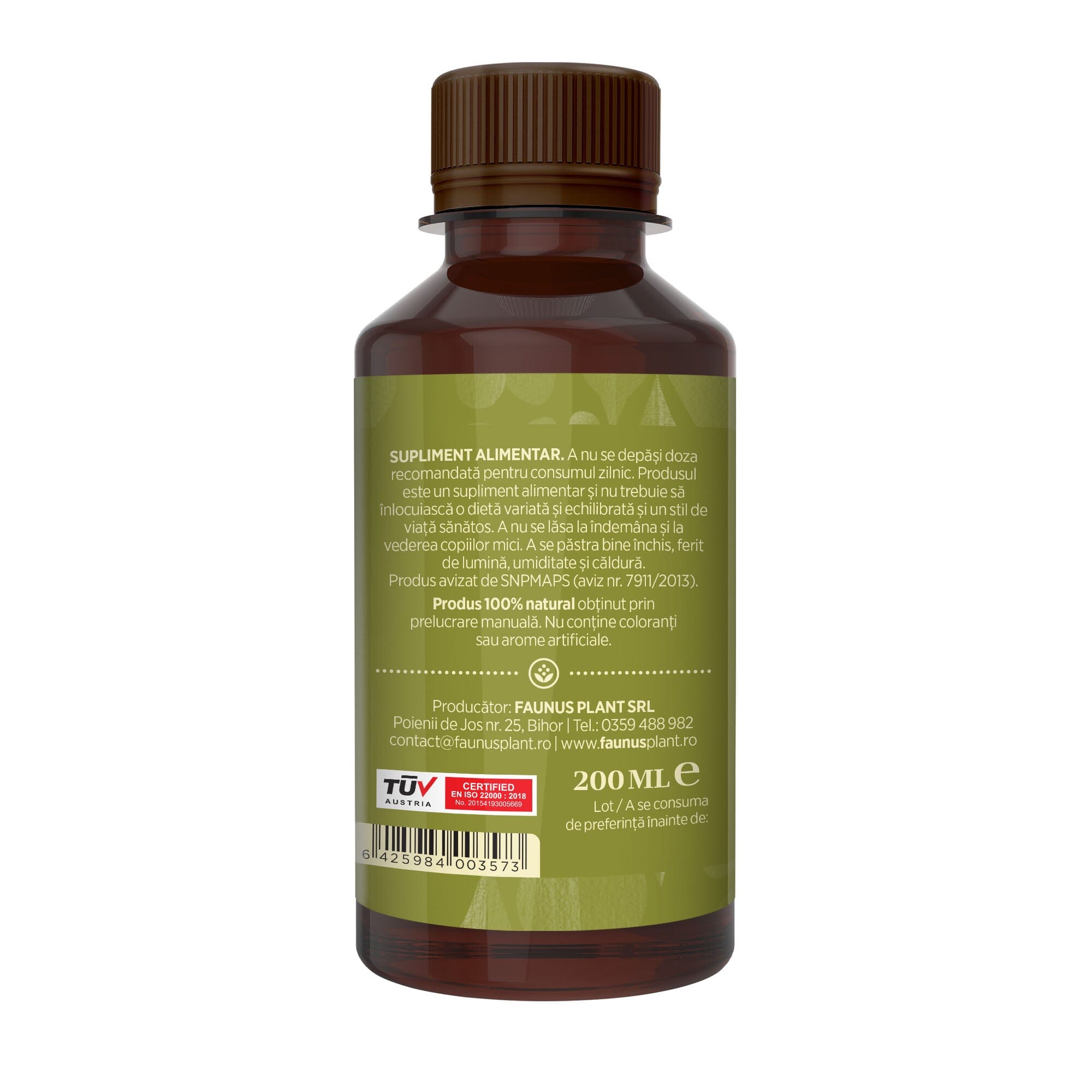 Flacon Tinctură Crețișoara 200 ml de la Faunus Plant pozat din lateral dreapta. Etichetă vizibilă cu date despre modul de administrare alături de precauții și atenționări, cât și codul de bare, logo TUV Austria și data expirării.