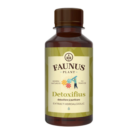 Flaconul de tinctură Detoxifius 200ml de la Faunus Plant, un extract hidroalcoolic pentru detoxifierea organismului și susținerea sănătății pielii.