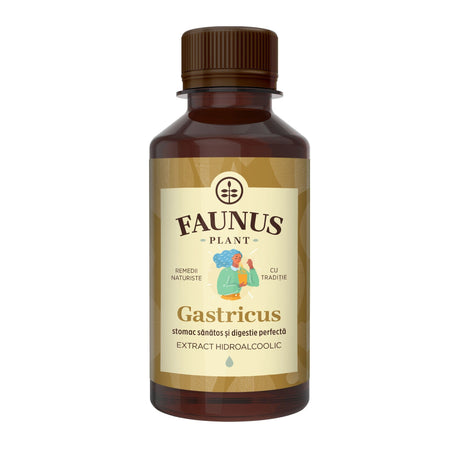 Flacon Tinctura Gastricus de la Faunus Plant, prezentată într-o sticlă de 200 ml cu etichetă aurie, pe fundal alb.