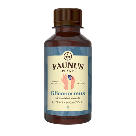 Flaconul de tinctură Gliconormus, cu design simplu și natural. Eticheta menționează beneficiile pentru reglarea glicemiei, alături de logo-ul Faunus Plant.