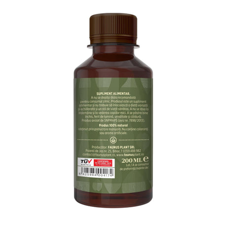 Flacon Tinctură Hepatobiliarus 200 ml de la Faunus Plant pozat din lateral dreapta. Etichetă vizibilă cu date despre modul de administrare alături de precauții și atenționări, cât și codul de bare, logo TUV Austria și data expirării.