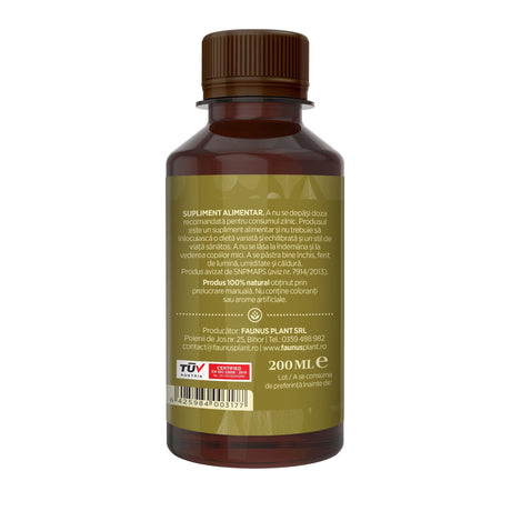 Flacon Tinctură Ienupăr 200 ml de la Faunus Plant pozat din lateral dreapta. Etichetă vizibilă cu date despre modul de administrare alături de precauții și atenționări, cât și codul de bare, logo TUV Austria și data expirării. | Cantitate - 200ml