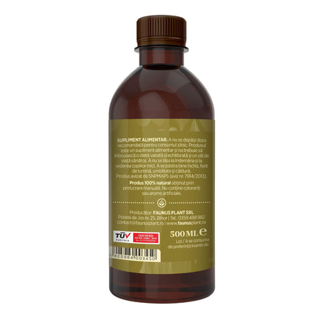 Flacon Tinctură Ienupăr 500 ml de la Faunus Plant pozat din lateral dreapta. Etichetă vizibilă cu date despre modul de administrare alături de precauții și atenționări, cât și codul de bare, logo TUV Austria și data expirării. | Cantitate - 500ml