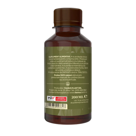 Flacon Tinctură Leurdă 200 ml de la Faunus Plant pozat din lateral dreapta. Etichetă vizibilă cu date despre modul de administrare alături de precauții și atenționări, cât și codul de bare, logo TUV Austria și data expirării. | Cantitate - 200ml