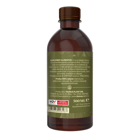 Flacon Tinctură Leurdă 500 ml de la Faunus Plant pozat din lateral dreapta. Etichetă vizibilă cu date despre modul de administrare alături de precauții și atenționări, cât și codul de bare, logo TUV Austria și data expirării. | Cantitate - 500ml