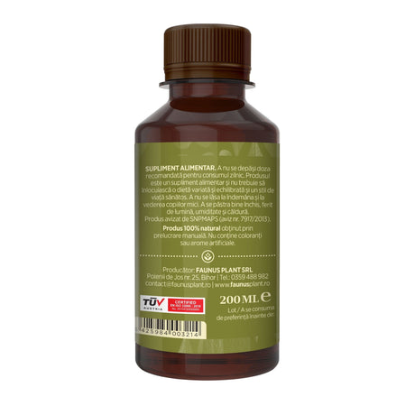 Flacon Tinctura Năprazic 200 ml de la Faunus Plant pozat din lateral dreapta. Etichetă vizibilă cu date despre modul de administrare alături de precauții și atenționări, cât și codul de bare, logo TUV Austria și data expirării. | Cantitate - 200ml