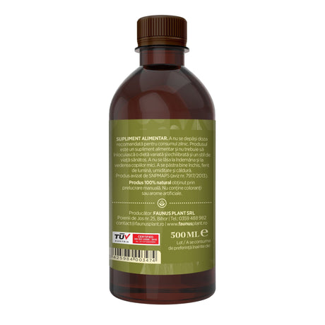 Flacon Tinctura Năpranzic 500 ml de la Faunus Plant pozat din lateral dreapta. Etichetă vizibilă cu date despre modul de administrare alături de precauții și atenționări, cât și codul de bare, logo TUV Austria și data expirării. | Cantitate - 500ml