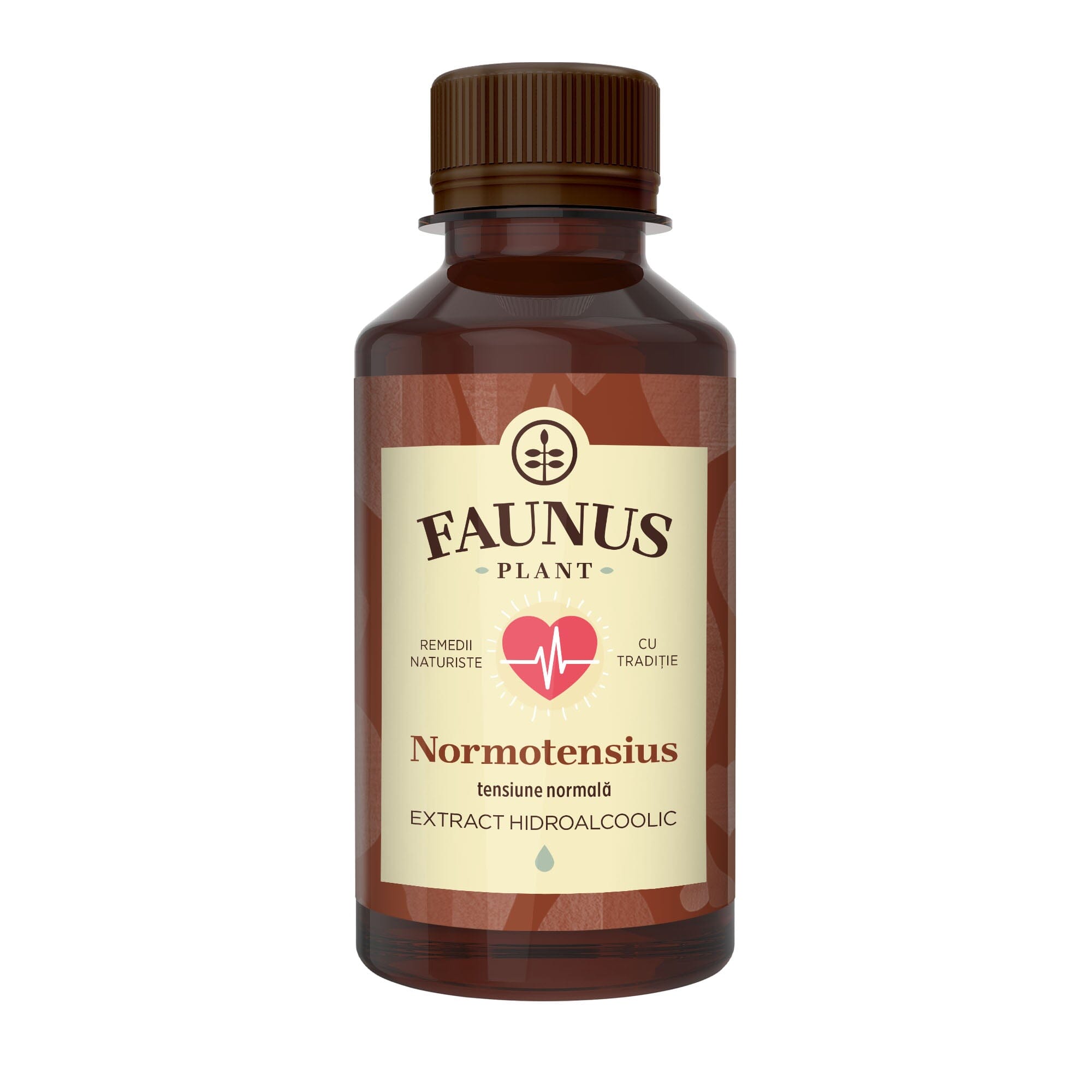 Flaconul de tinctură Normotensius 200ml de la Faunus Plant, remediu natural pentru tensiunea arterială normală, cu un design minimalist și etichetă roșie reprezentând o inimă.