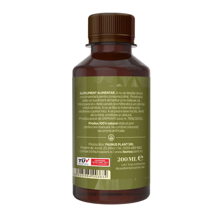 Flacon Tinctură Obligeană 200 ml de la Faunus Plant pozat din lateral dreapta. Etichetă vizibilă cu date despre modul de administrare alături de precauții și atenționări, cât și codul de bare, logo TUV Austria și data expirării. | Cantitate - 200ml