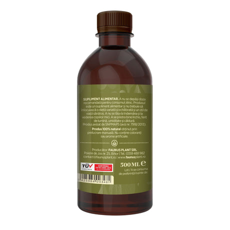 Flacon Tinctură Obligeanu 500 ml de la Faunus Plant pozat din lateral dreapta. Etichetă vizibilă cu date despre modul de administrare alături de precauții și atenționări, cât și codul de bare, logo TUV Austria și data expirării. | Cantitate - 500ml