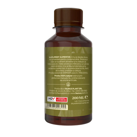 Flacon Tinctură Păducel 200 ml de la Faunus Plant pozat din lateral dreapta. Etichetă vizibilă cu date despre modul de administrare alături de precauții și atenționări, cât și codul de bare, logo TUV Austria și data expirării. | Cantitate - 200ml