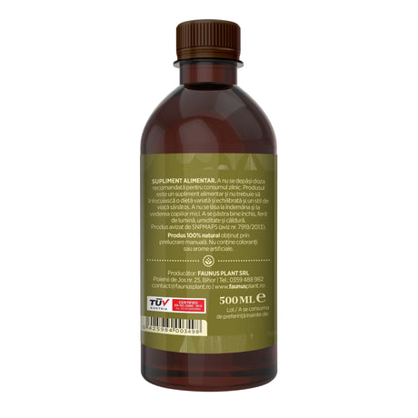 Flacon Tinctură Păducel 500 ml de la Faunus Plant pozat din lateral dreapta. Etichetă vizibilă cu date despre modul de administrare alături de precauții și atenționări, cât și codul de bare, logo TUV Austria și data expirării. | Cantitate - 500ml