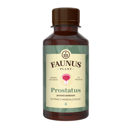 Flacon de Tinctură Prostatus 200 ml de la Faunus Plant, prezentare frontală. Produs din ingrediente naturale, destinat susținerii funcționării optime a prostatei. Ambalaj în nuanțe de verde, cu sigla Faunus Plant și detalii despre utilizare.
