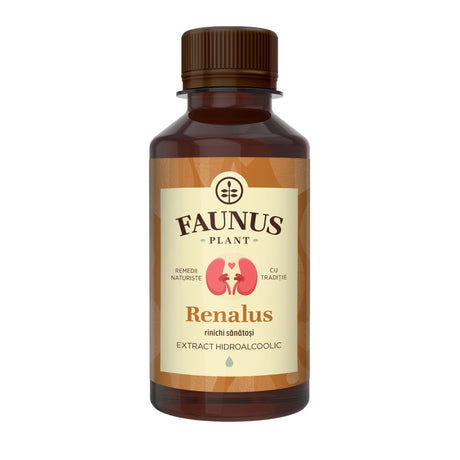 Sticlă de tinctură Renalus 200ml de la Faunus Plant, un extract hidroalcoolic destinat sănătății rinichilor, prezentată cu un capac maro și o mostră. Eticheta maro include detalii despre produs și logo-ul Faunus Plant.